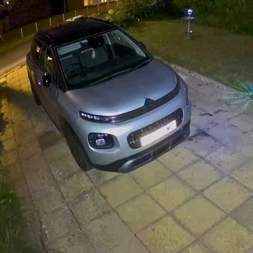 Night-time security camera view of a driveway